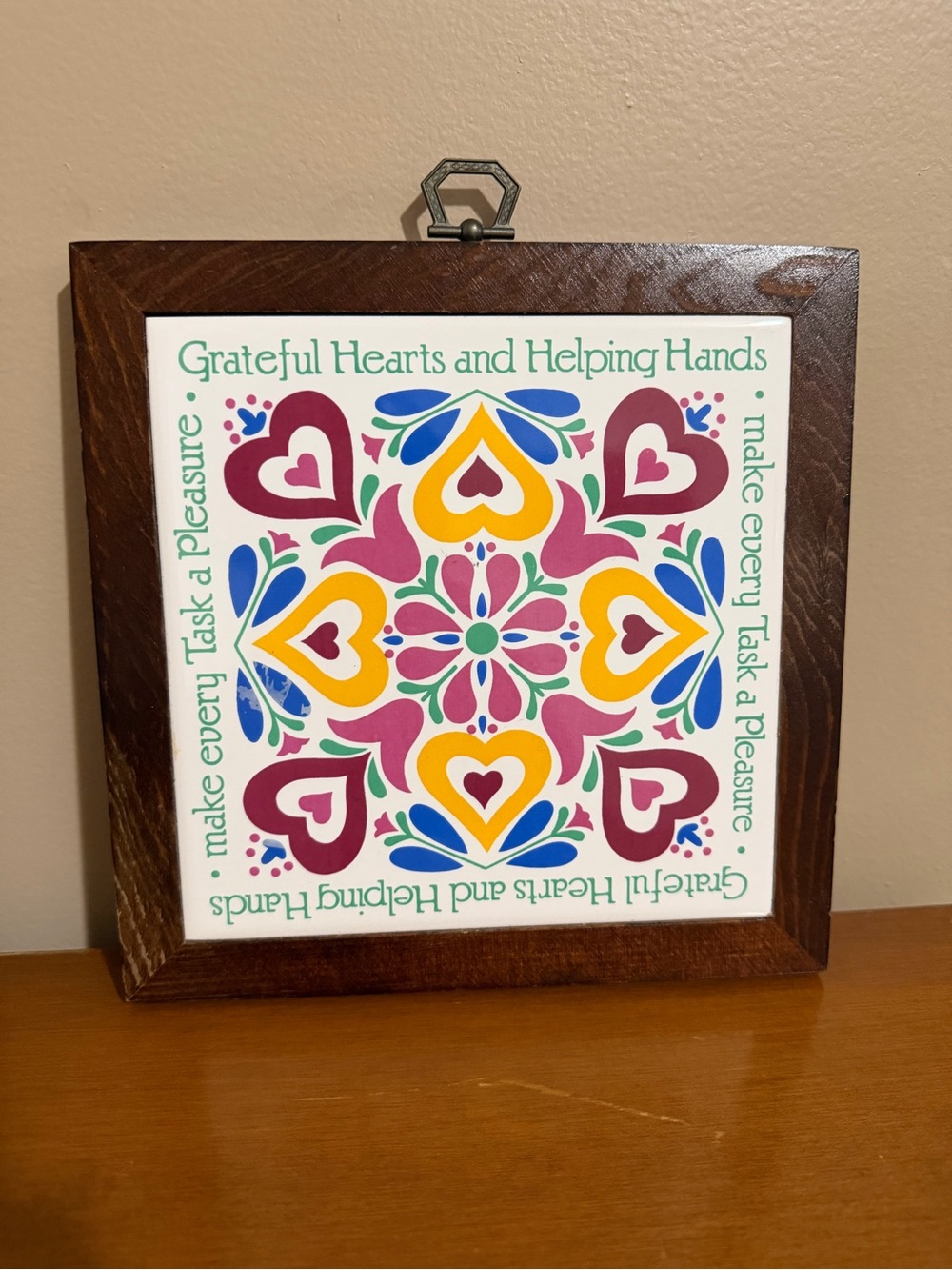 Vintage Current Inc. Folk Art Ceramic Tile Trivet Wood Frame Hearts